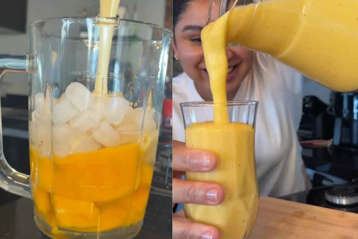 Bebida de manga e abacaxi leva água de coco e leite condensado
