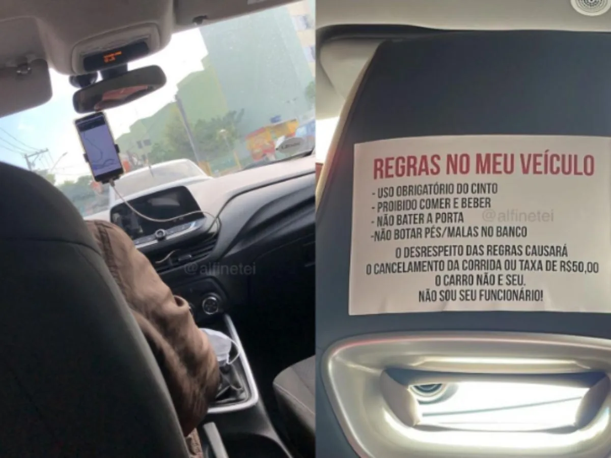 Aviso em carro de aplicativo impõe regras e cobrança de R$ 50