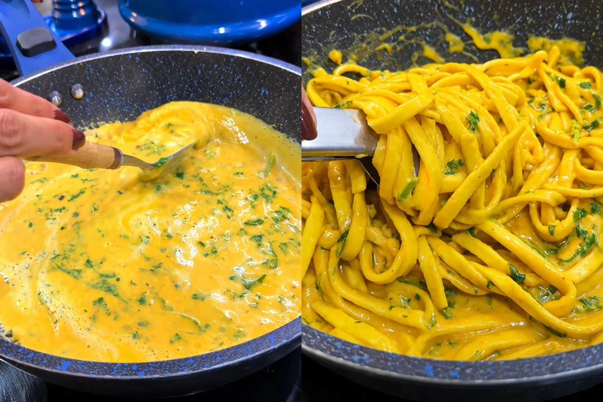 Alho cozido com o macarrão vira base cremosa para o molho
