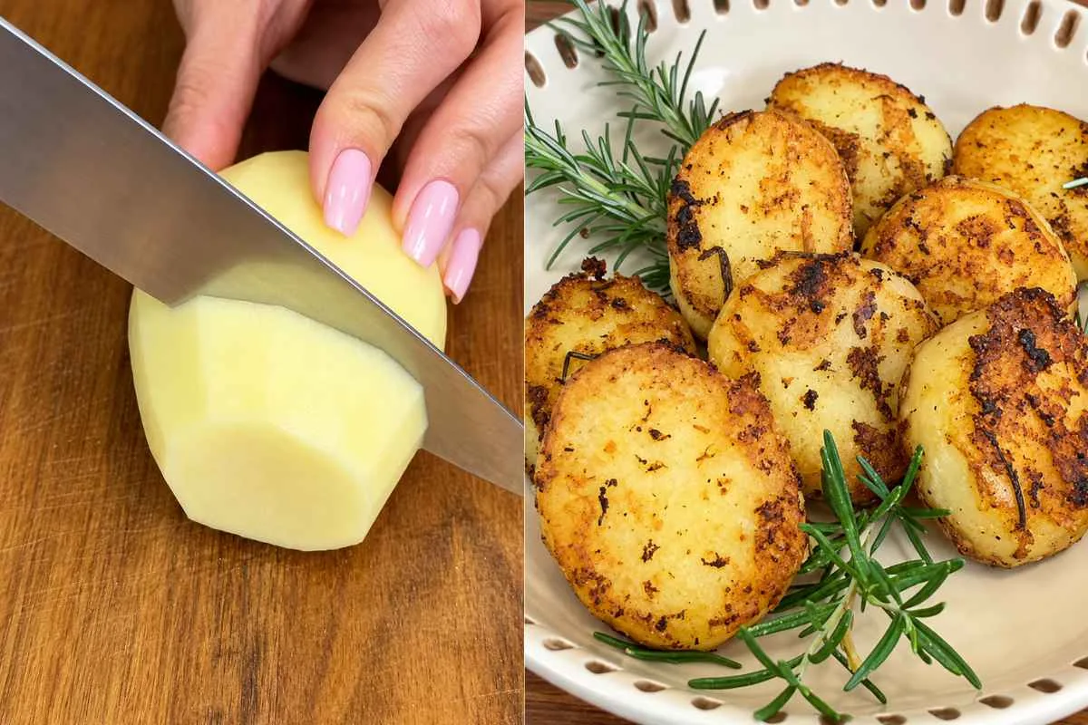 Batata dourada na frigideira combina manteiga, alho, alecrim e vapor