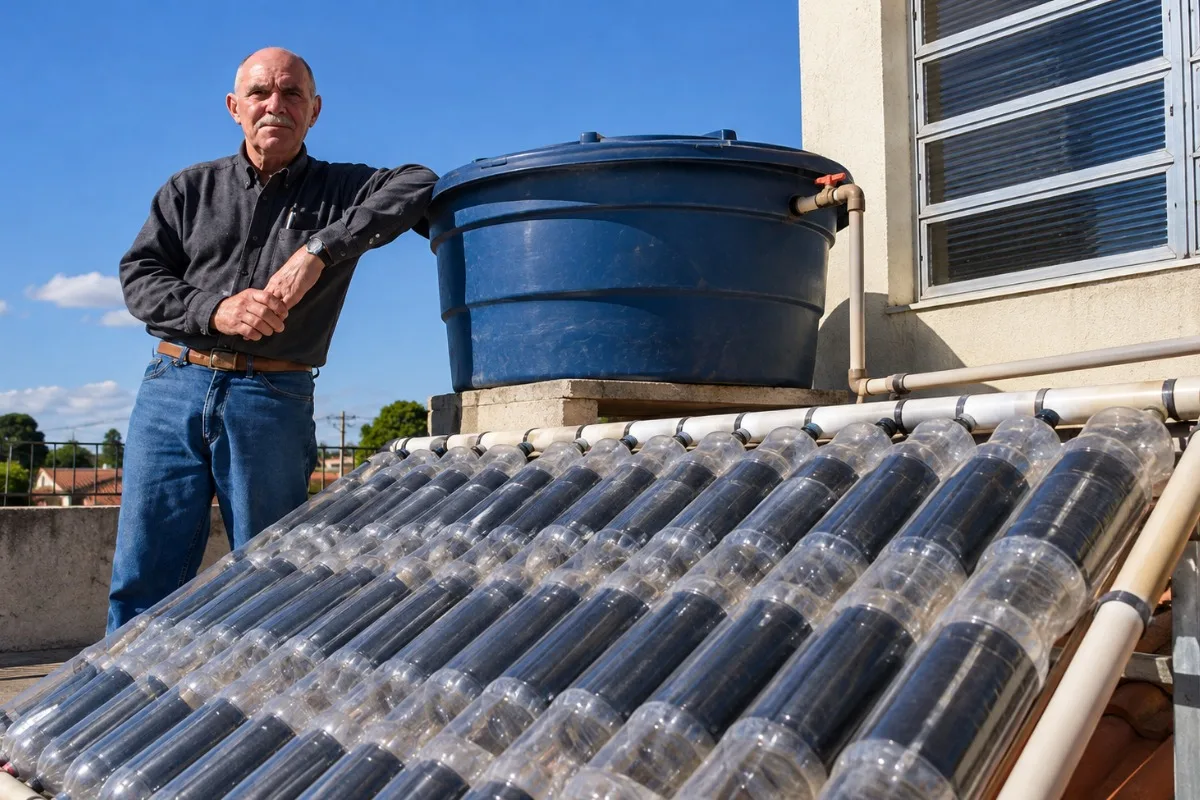 Termossifão leva água aquecida pelo sol a sistema feito com PET e PVC