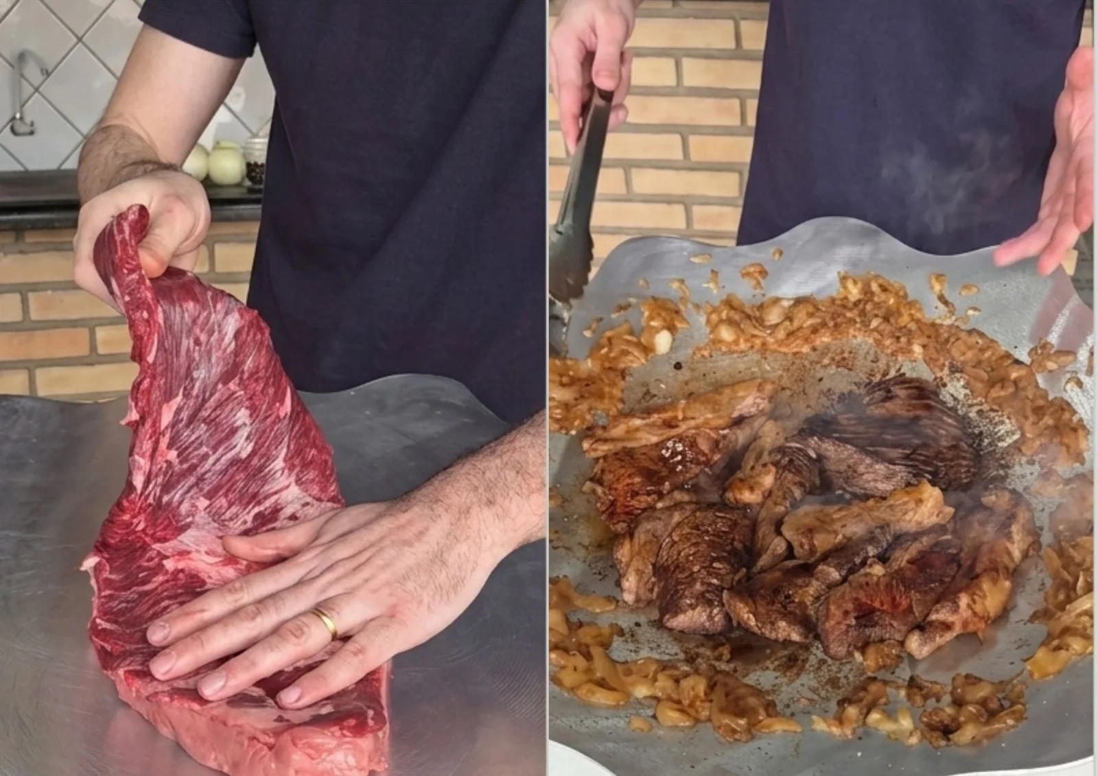 Fraldinha no disco é finalizada com bifes e cebola caramelizada